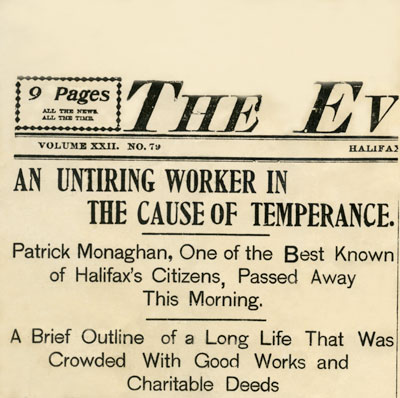 Patrick Monaghan obituary as appeared in The Evening Mail, Halifax Nova Scotia, April 02, 1900